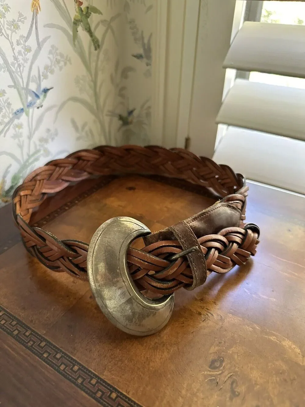 Vintage Brown Wide Weaven Leather Belt Large Silver Plated Buckle M 28-32”